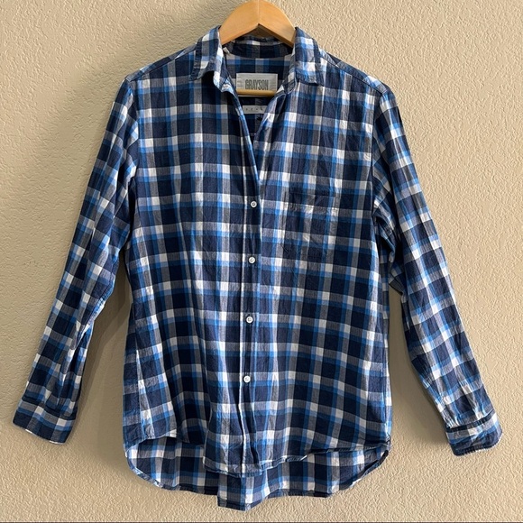 GRAYSON Tops - GRAYSON Womens Sz 3 M The Hero Button Down Blue Plaid Nautical Casual Relaxed